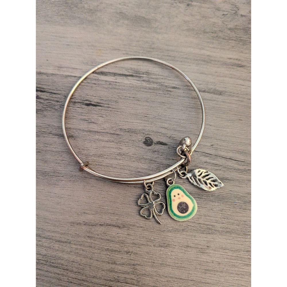 Silver Tone Avocado Four Leaf Clover Heart Charm Expandable Bangle Bracelet